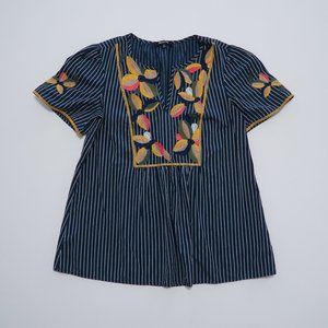 Madewell cotton stripe casual embroidered blouse shirt navy blue top XS